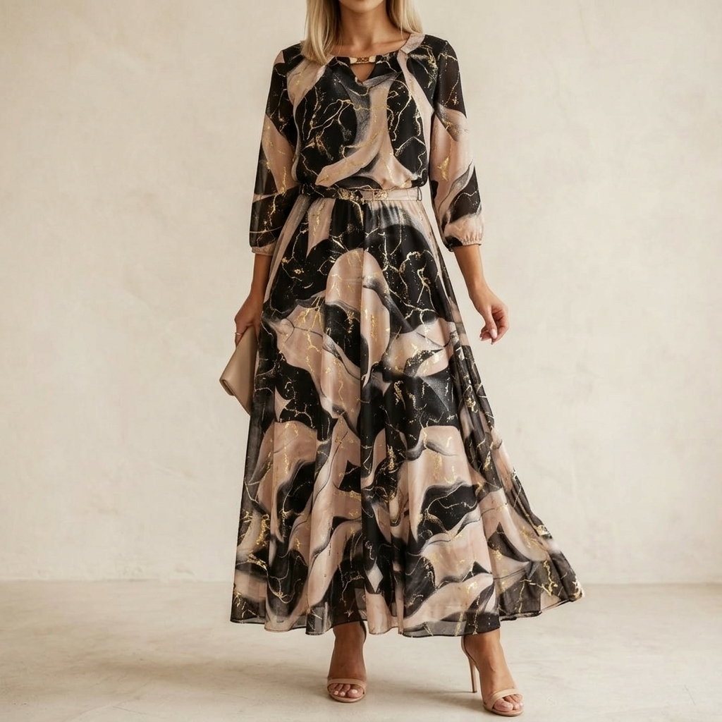 Dam Marmor Guld Chiffon Maxiklänning - Elegant A-linje