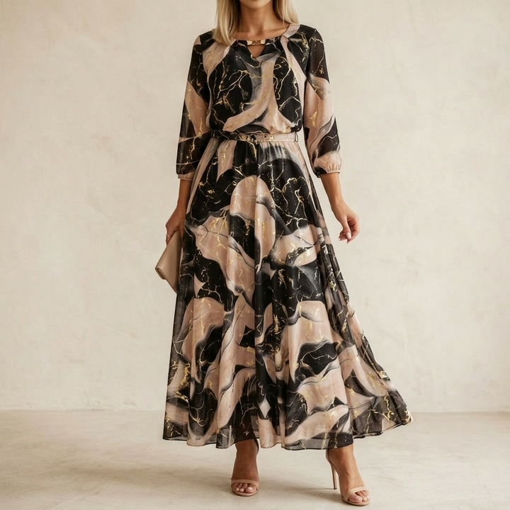 Dam Marmor Guld Chiffon Maxiklänning - Elegant A-linje