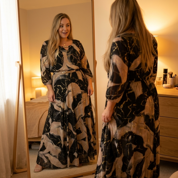 Dam Marmor Guld Chiffon Maxiklänning - Elegant A-linje