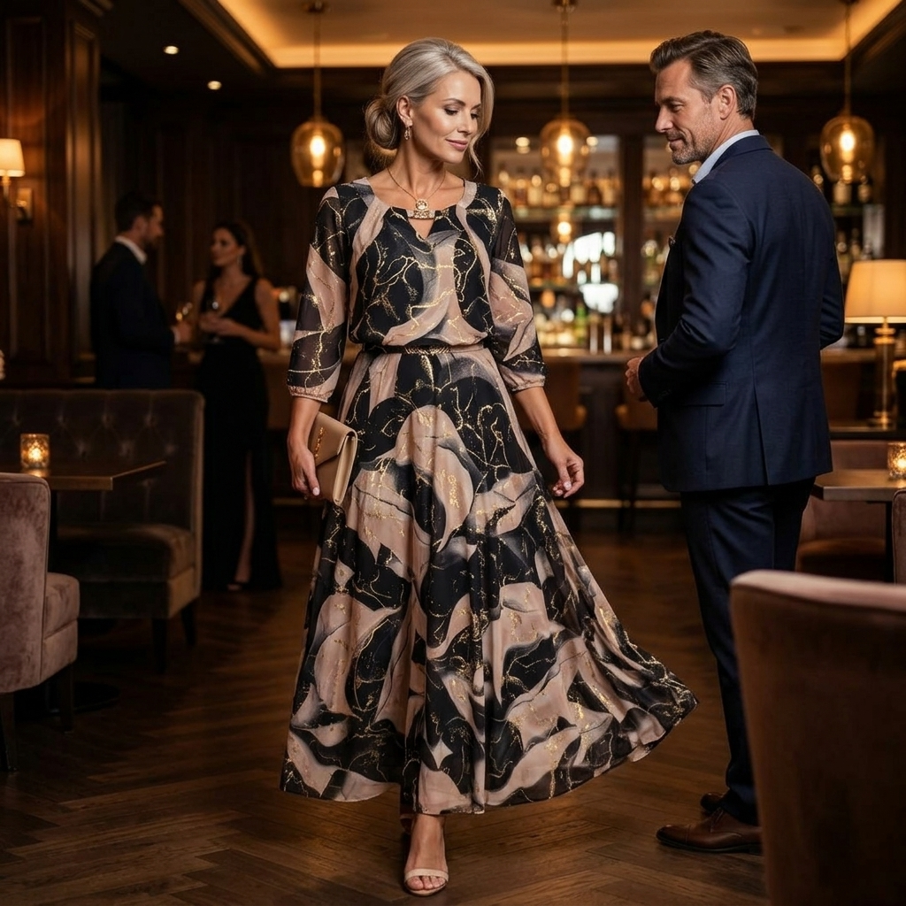 Dam Marmor Guld Chiffon Maxiklänning - Elegant A-linje