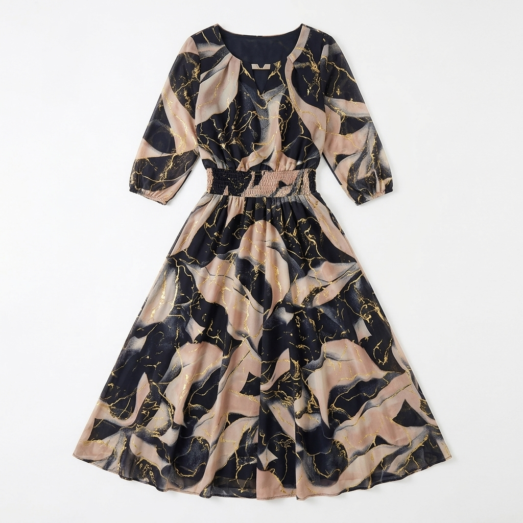 Dam Marmor Guld Chiffon Maxiklänning - Elegant A-linje - Svart