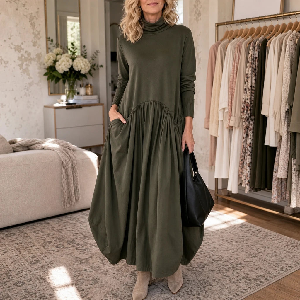 Dam Maxiklänning med Högt Halsband och Fickor - Elegant Vardagsklännin