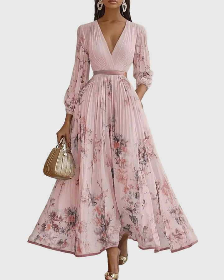 Dam Maxiklänning V-ringning Plisserad - Elegant Sommar &amp; Festkläder - Rosa