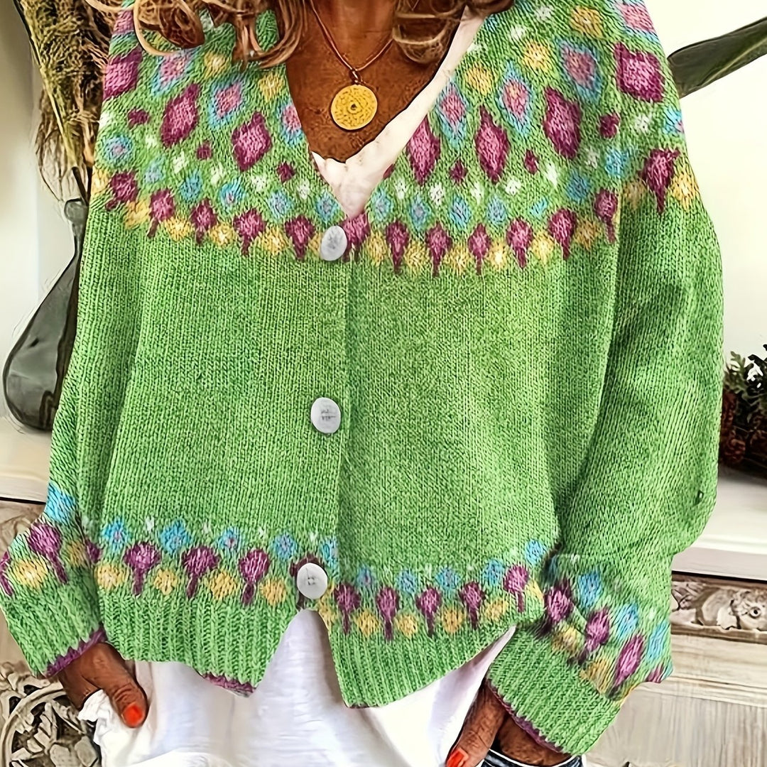 Dam Nordisk Mönstrad Cardigan in grön, Klassisk Värme