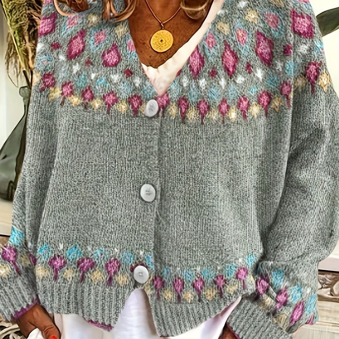 Dam Nordisk Mönstrad Cardigan in grå, Klassisk Värme