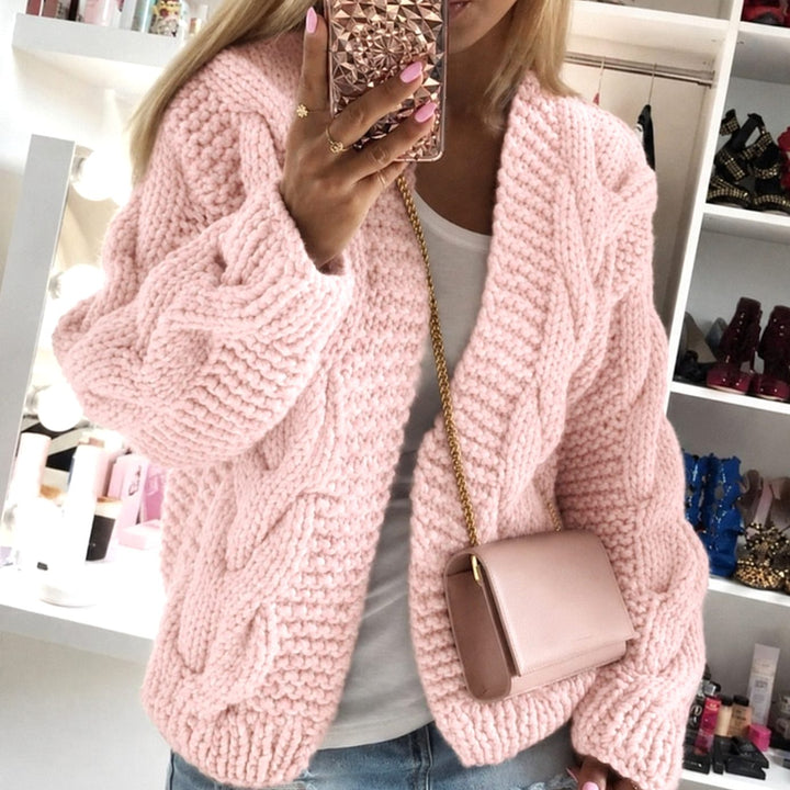 Dam Oversized Chunky Cable Cardigan in rosa, Öppen front