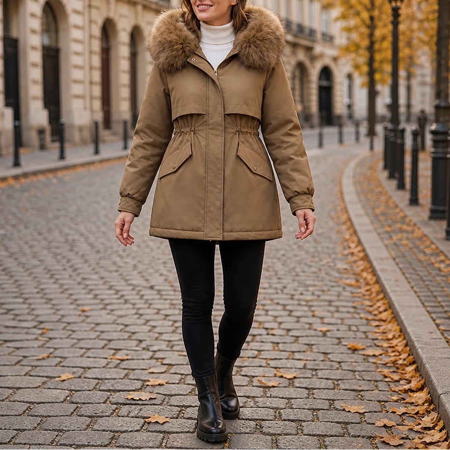 Dam Oversized Parka med Pälsfoder – Varm och Formgivande - Kaffe