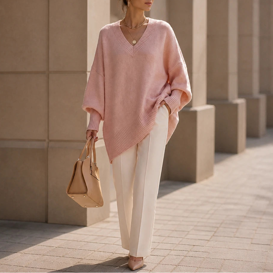 Dam Oversized V-ringning Stickad Tröja in rosa, Mjuk och Elegant