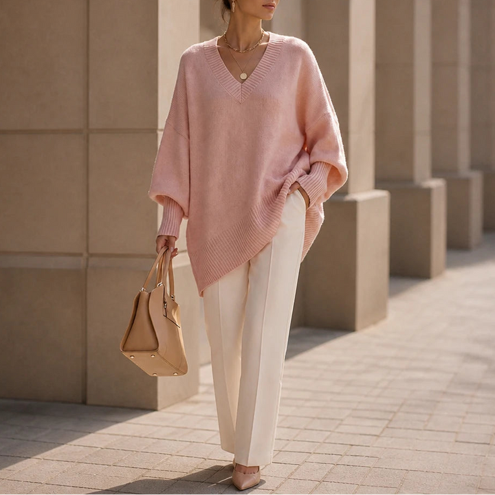 Dam Oversized V-ringning Stickad Tröja in rosa, Mjuk och Elegant
