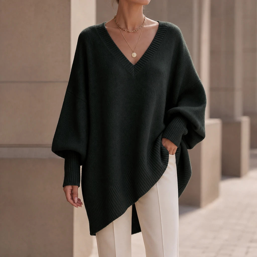 Dam Oversized V-ringning Stickad Tröja - Mjuk och Elegant