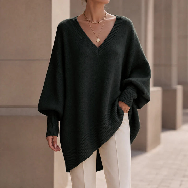 Dam Oversized V-ringning Stickad Tröja - Mjuk och Elegant