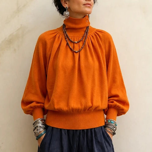 Dam Plisserad Axel Lanternärm Tröja in orange, Klassisk Stil