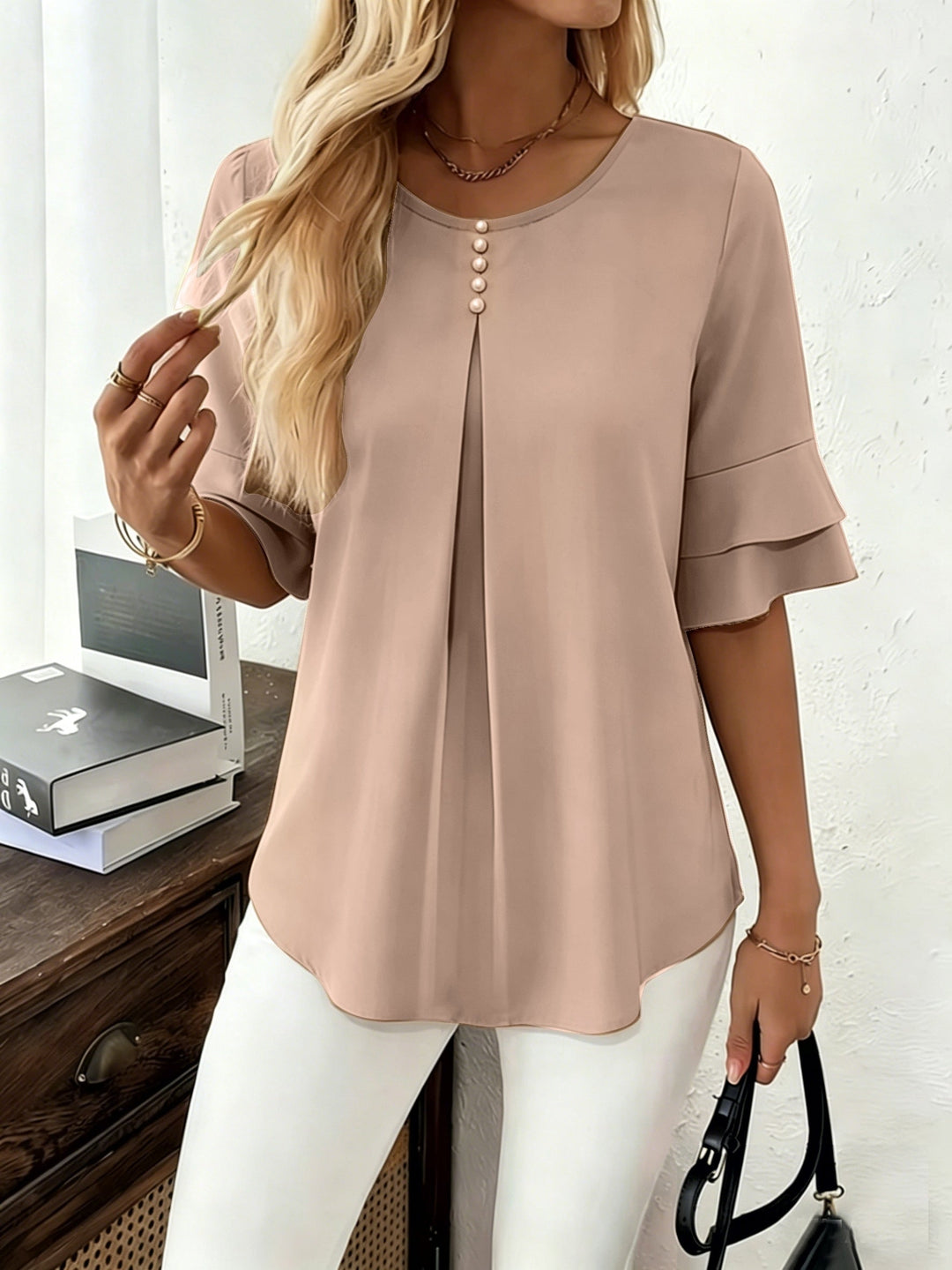 Dam Plisserad Blus med Volangärmar in khaki, Elegant Klassiker