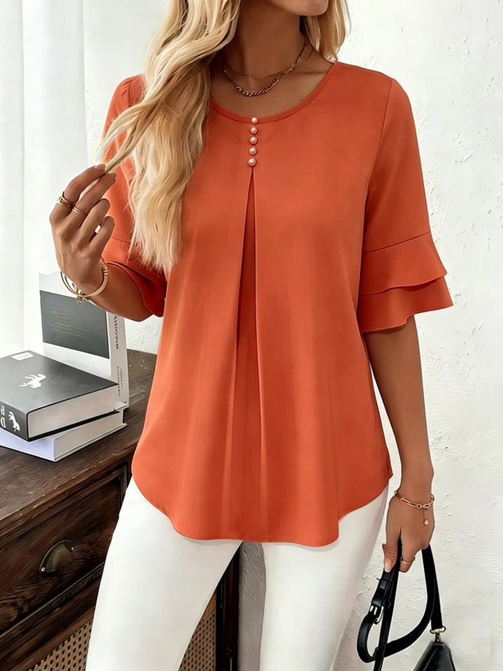 Dam Plisserad Blus med Volangärmar in orange-röd, Elegant Klassiker