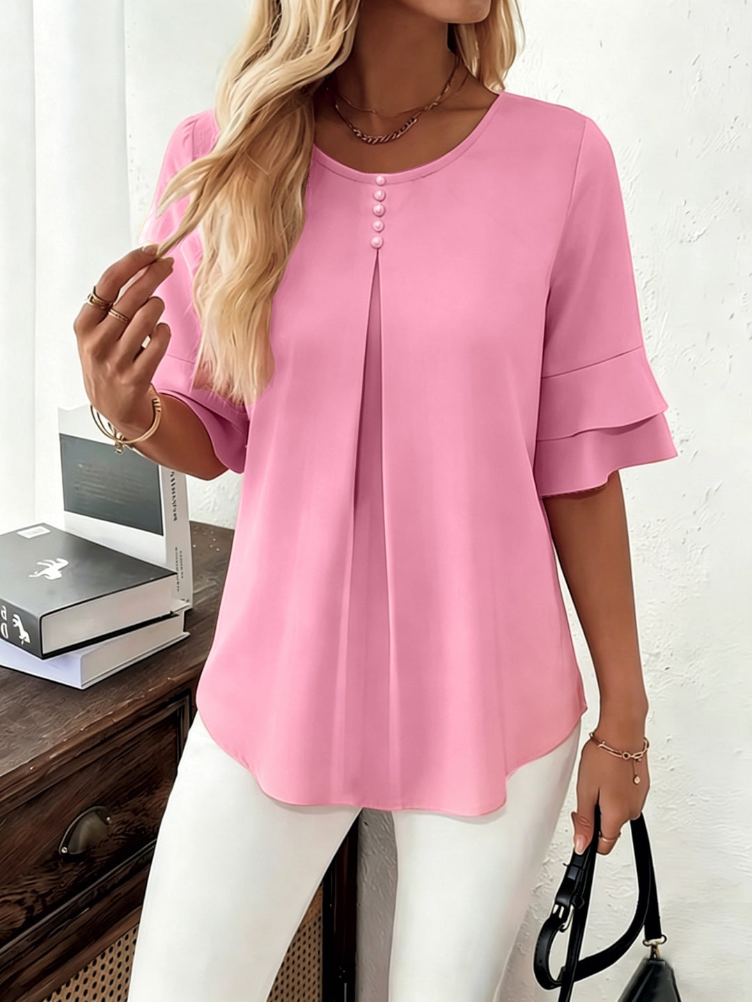 Dam Plisserad Blus med Volangärmar in rosa, Elegant Klassiker