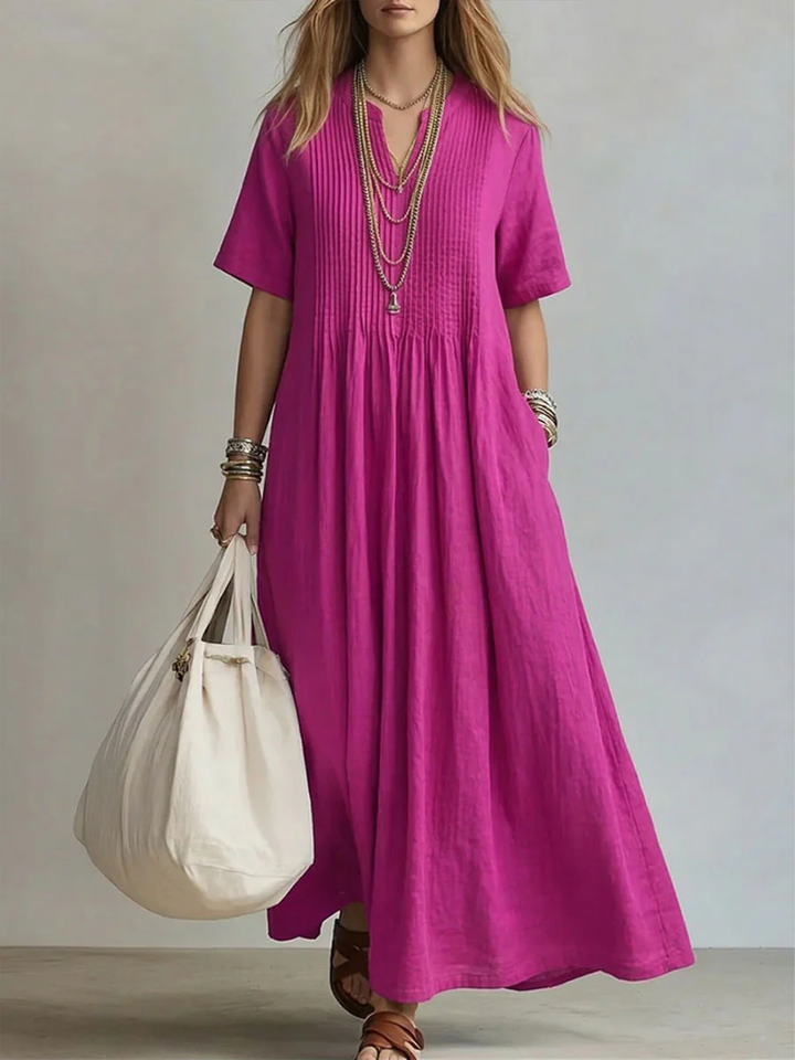 Dam Plisserad Maxiklänning - Elegant Linjeklänning - Rosa