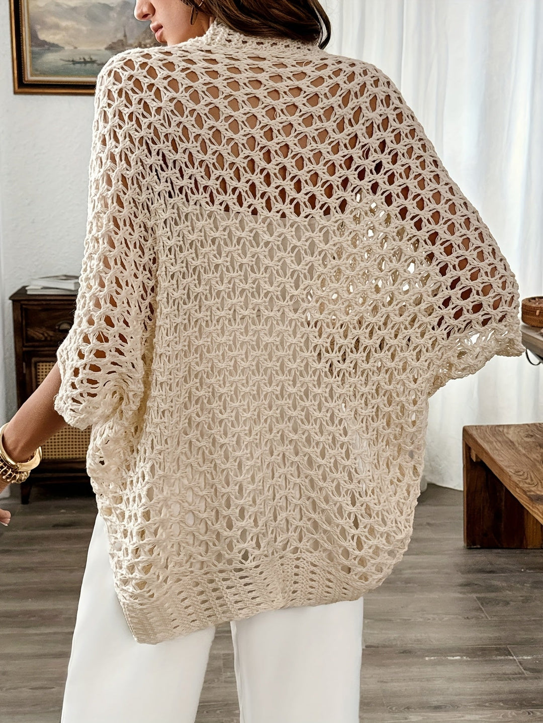 Dam Öppen Stickad Cardigan - Luftig Draperad Överskjorta