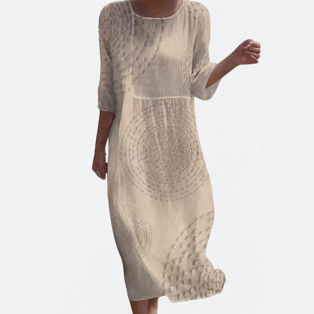 Dam Präglad Midi Klänning - Strukturerad Elegans - Beige