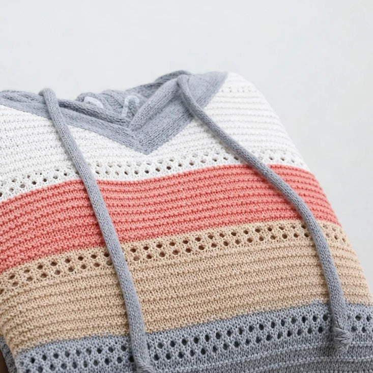 Dam Randig Hålstickad Hoodie - Avslappnad Passform