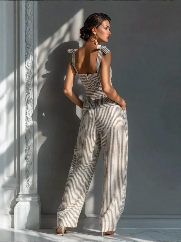Dam Randig Linne-Blandning Jumpsuit med Bred Benöppning - Elegant