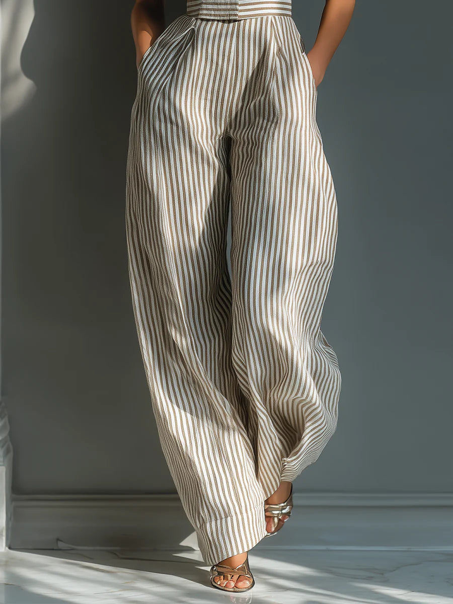 Dam Randig Linne-Blandning Jumpsuit med Bred Benöppning - Elegant