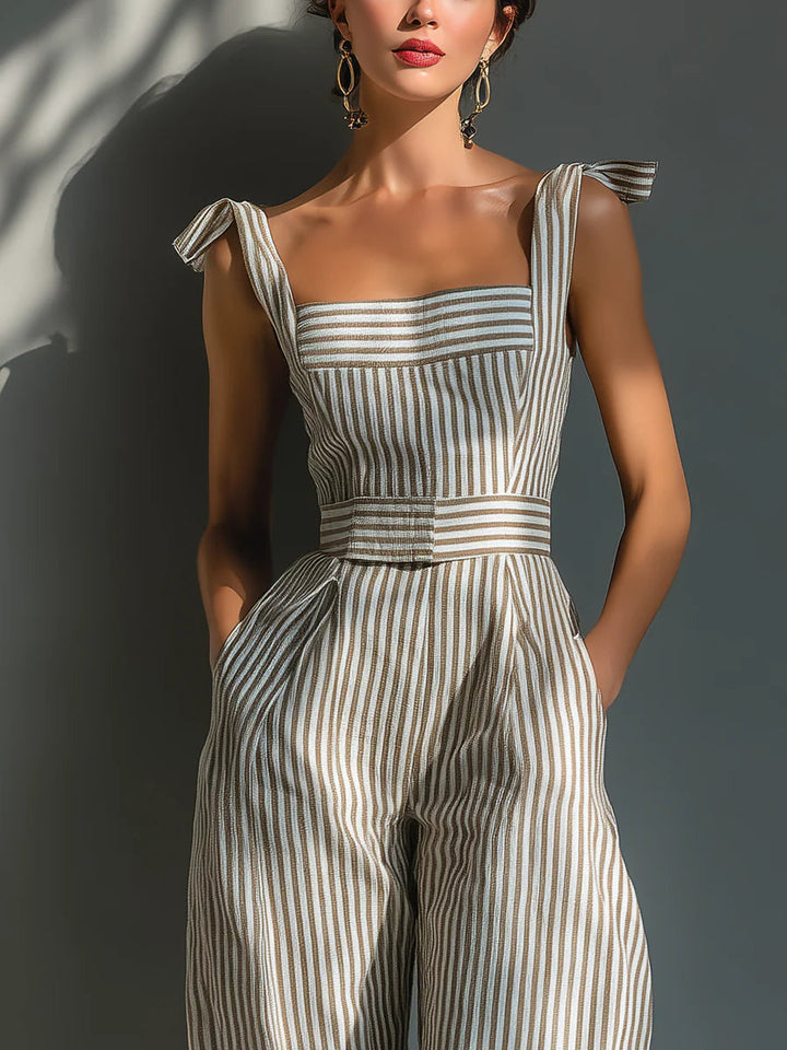 Dam Randig Linne-Blandning Jumpsuit med Bred Benöppning - Elegant