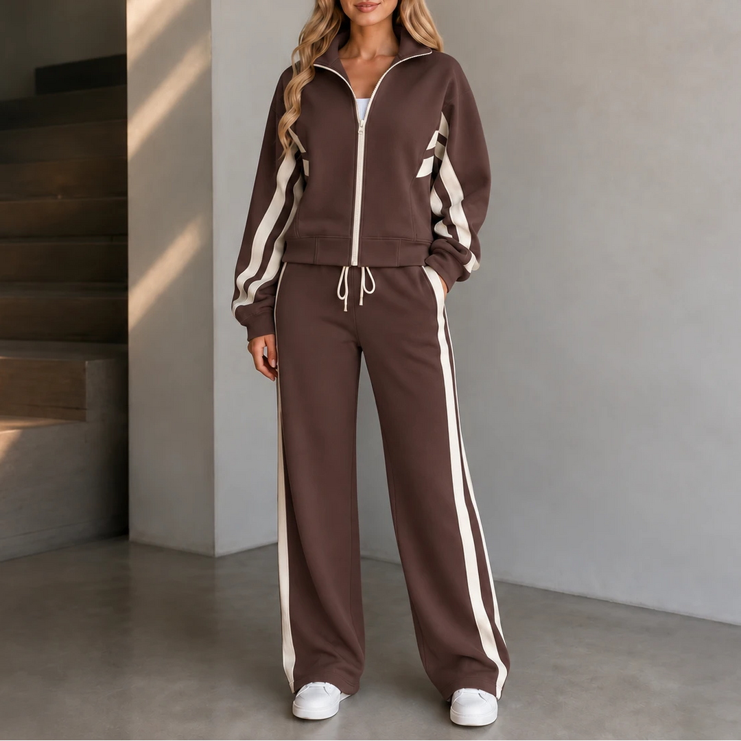 Dam Randig Loungewear Set in brun, Bekväm Tvådelad Outfit