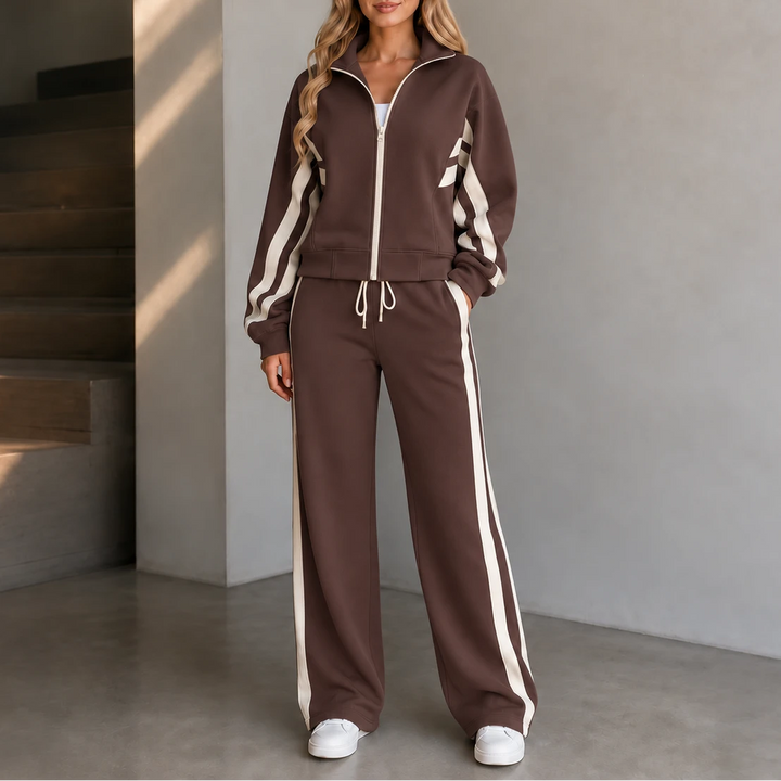 Dam Randig Loungewear Set in brun, Bekväm Tvådelad Outfit