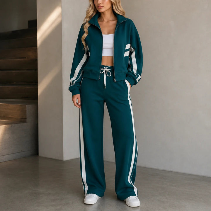 Dam Randig Loungewear Set in grön, Bekväm Tvådelad Outfit