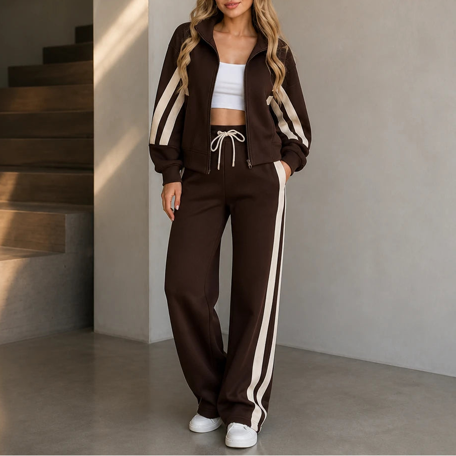 Dam Randig Loungewear Set in mörkbrun, Bekväm Tvådelad Outfit