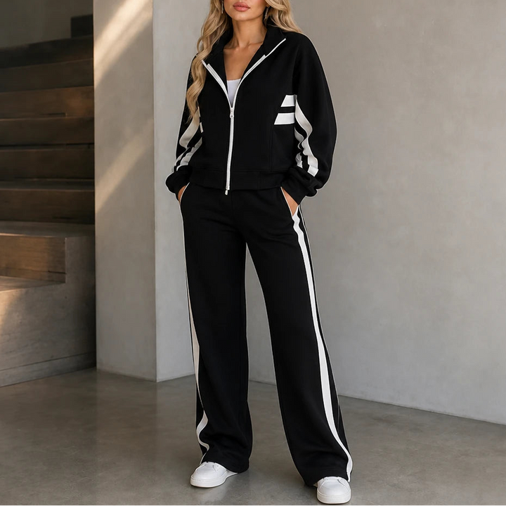 Dam Randig Loungewear Set in svart, Bekväm Tvådelad Outfit