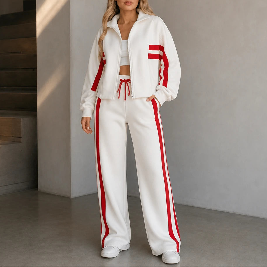 Dam Randig Loungewear Set in vit, Bekväm Tvådelad Outfit