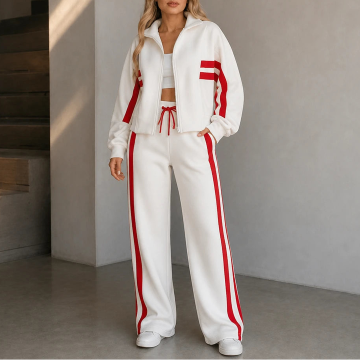 Dam Randig Loungewear Set in vit, Bekväm Tvådelad Outfit