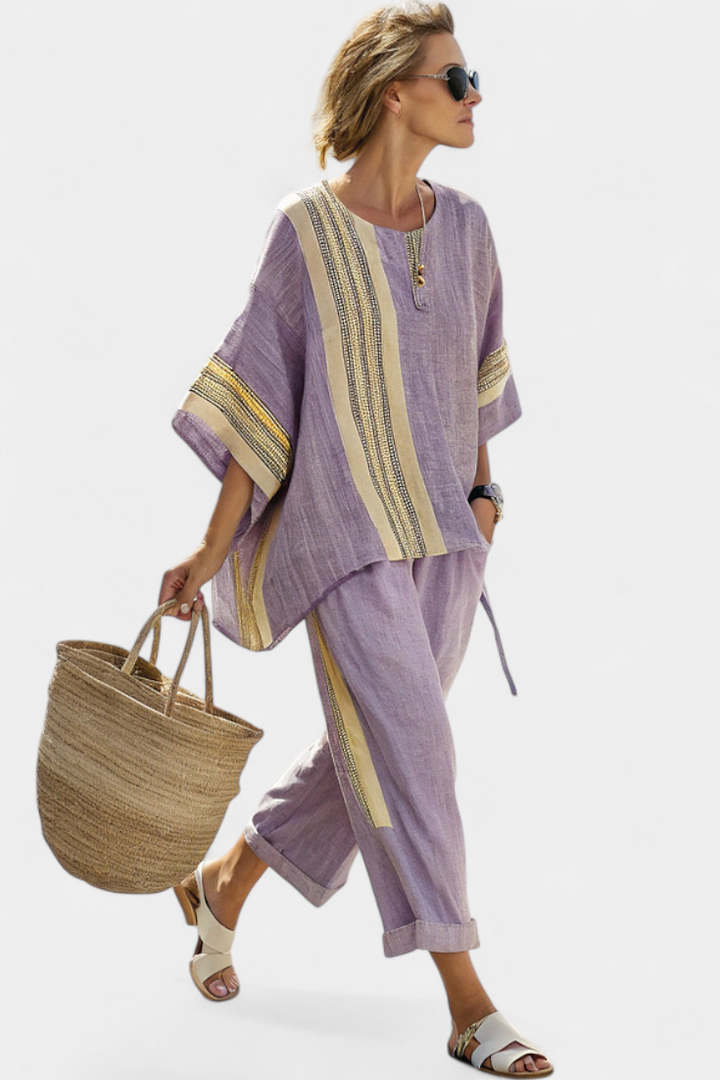 Dam Randig Tvådelad Set - Elegant Strandlook - Lila