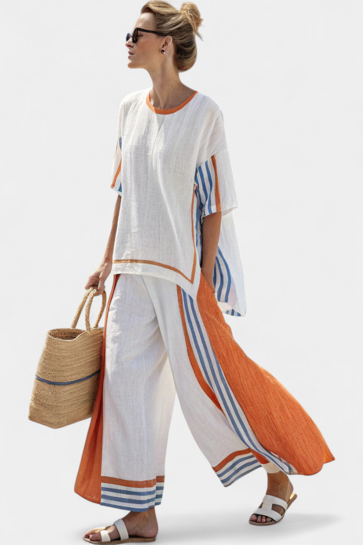 Dam Randig Tvådelad Set - Elegant Strandlook - Vit-Orange