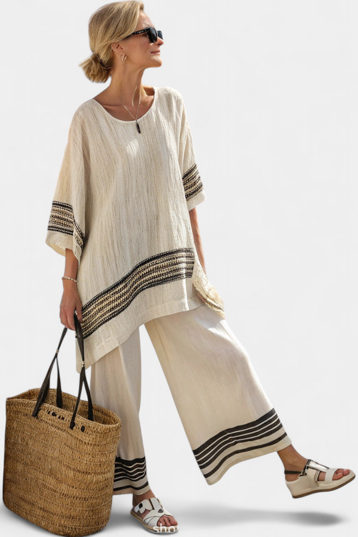 Dam Randig Tvådelad Set - Elegant Strandlook - Vit-Svart