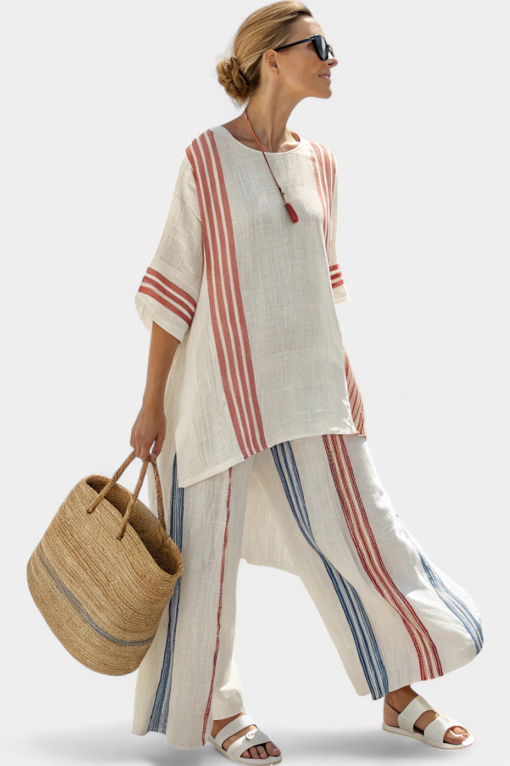 Dam Randig Tvådelad Set - Elegant Strandlook - Vit