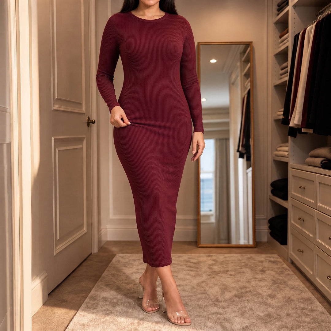 Dam Ribbad Långärmad Bodycon Maxiklänning - Elegant