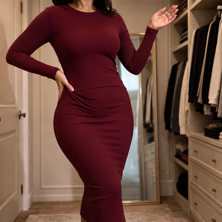 Dam Ribbad Långärmad Bodycon Maxiklänning - Elegant