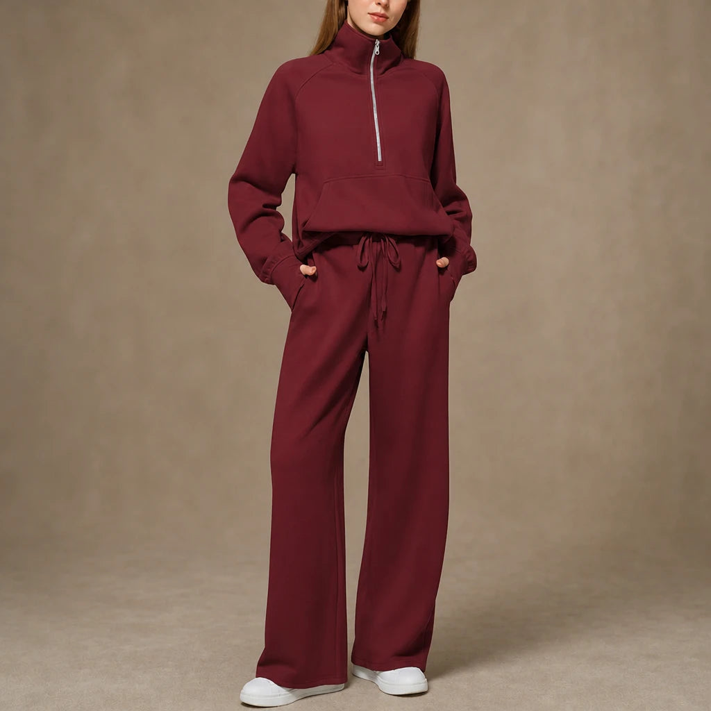 Dam Ribbad Oversized Topp och Vida Byxor Set in ljus khaki, Minimal
