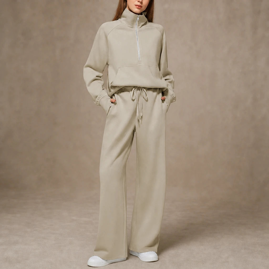 Dam Ribbad Oversized Topp och Vida Byxor Set in ljusgrå, Minimal