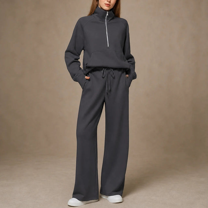 Dam Ribbad Oversized Topp och Vida Byxor Set in mörkbrun, Minimal