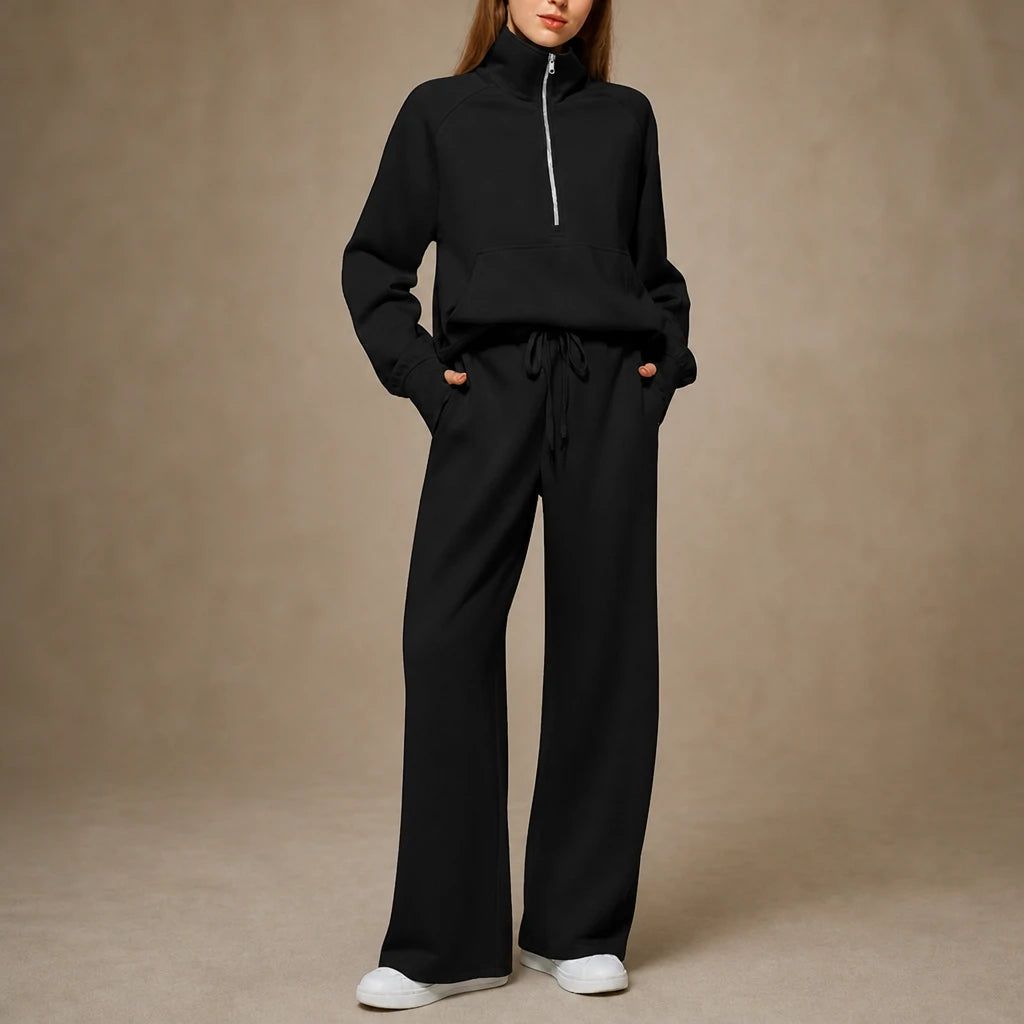 Dam Ribbad Oversized Topp och Vida Byxor Set in mörkgrå, Minimal