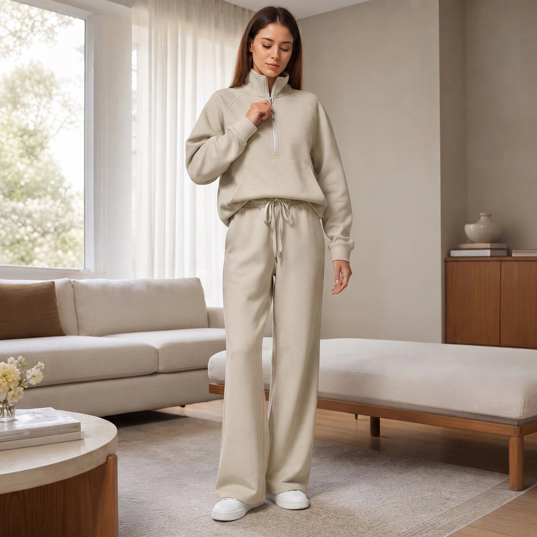 Dam Ribbad Oversized Topp och Vida Byxor Set - Minimal