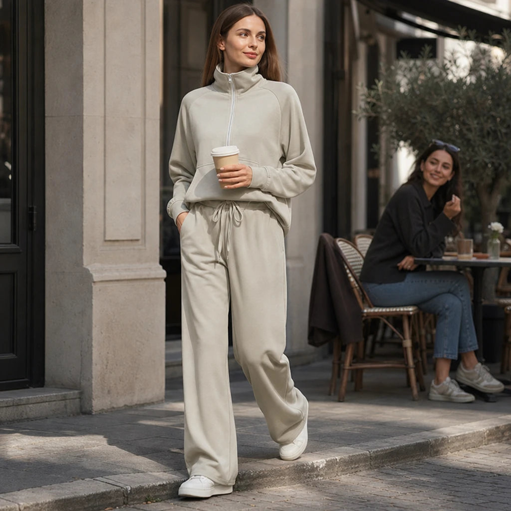 Dam Ribbad Oversized Topp och Vida Byxor Set - Minimal