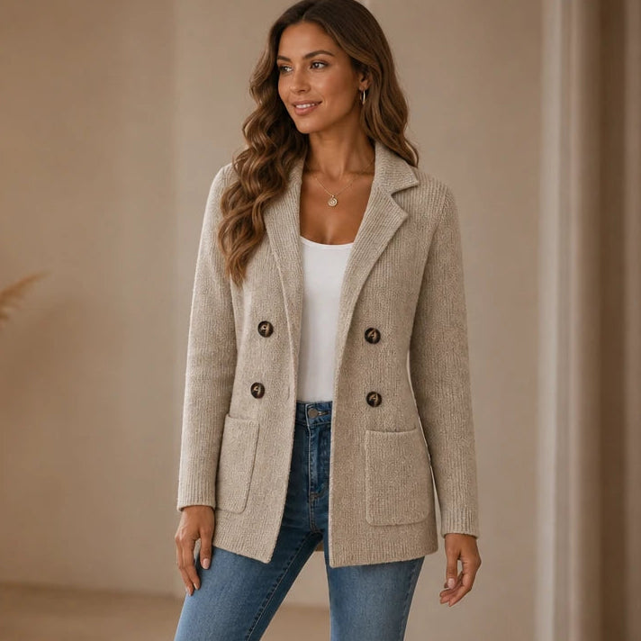 Dam Ribbad Stickad Dubbelknäppt Cardigan in khaki, Långlinjig