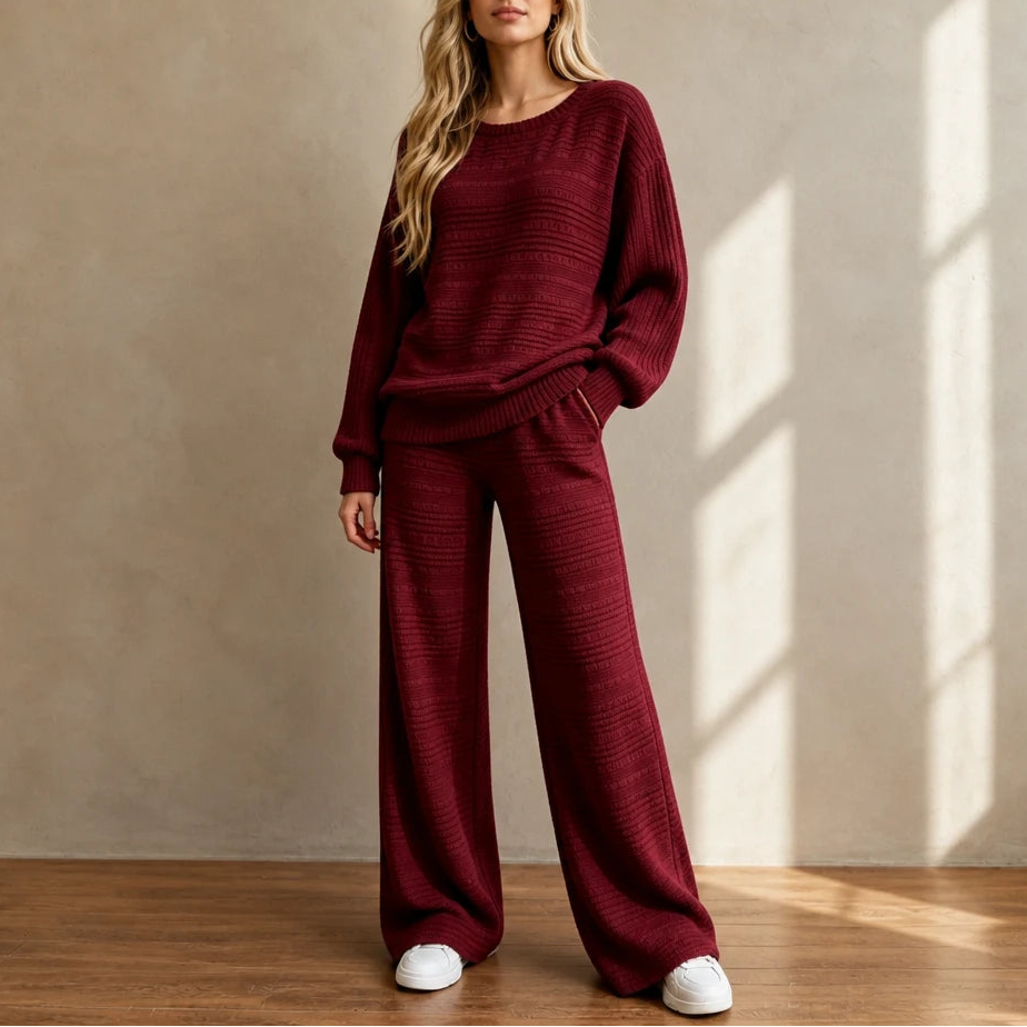 Dam Ribbad Stickad Set in burgundy, Bekväm Loungeset