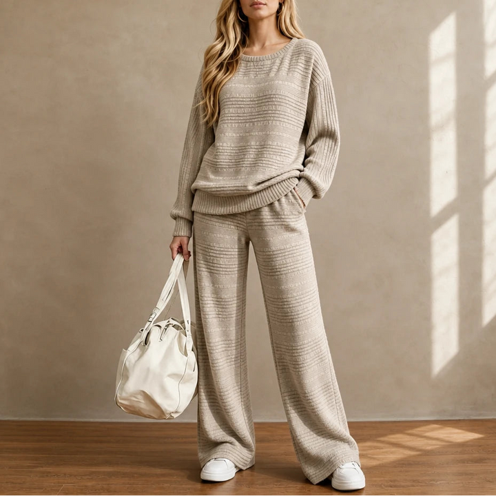 Dam Ribbad Stickad Set in khaki, Bekväm Loungeset