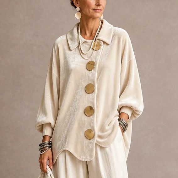 Dam Sammetslook Blus med Guldknappar in beige, Elegant Vintage