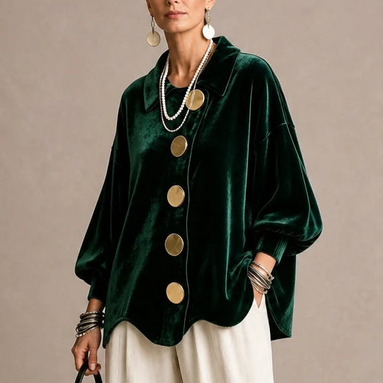 Dam Sammetslook Blus med Guldknappar in grön, Elegant Vintage